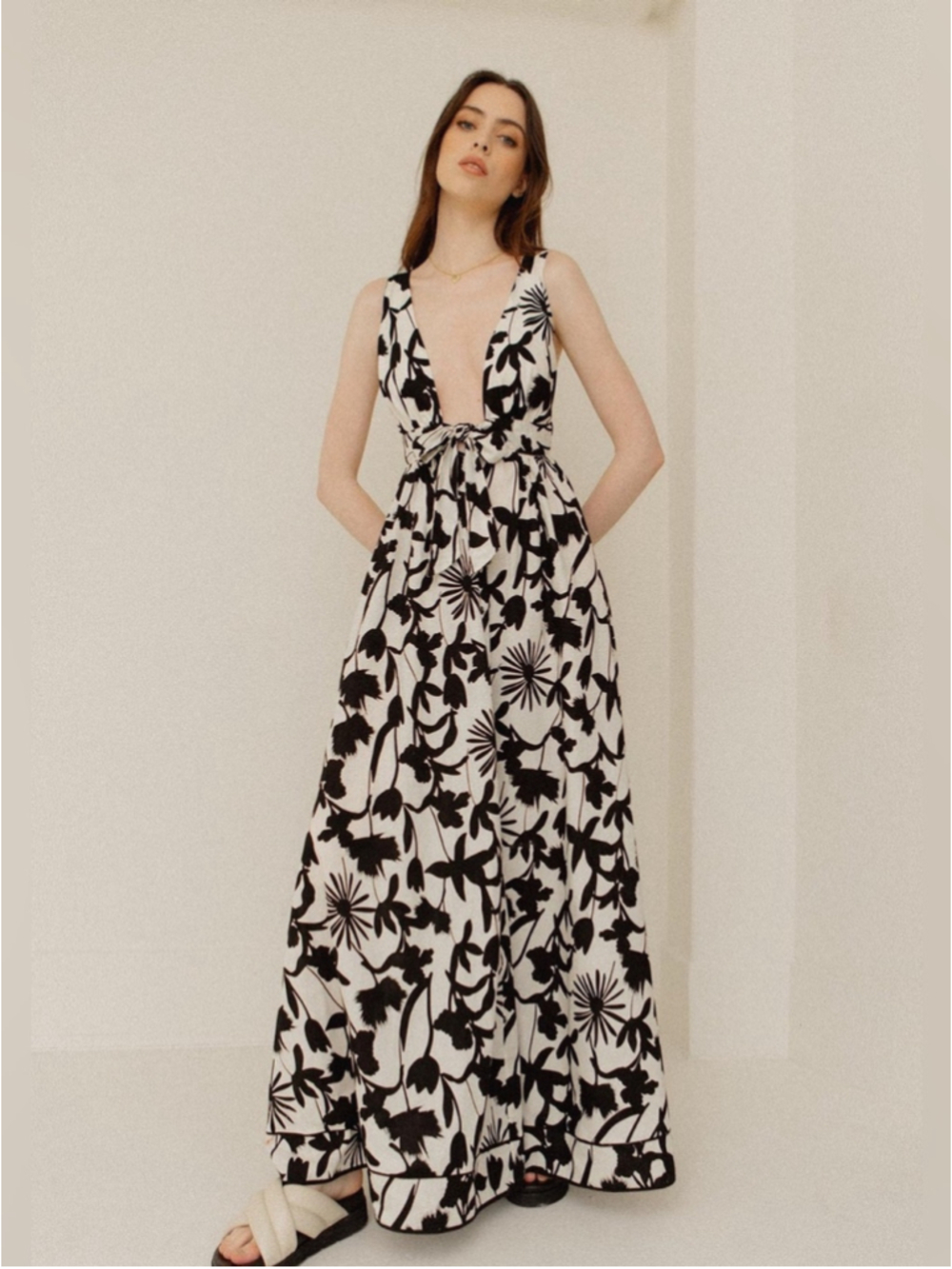 Aakaa Black & White Floral Plunge Tie-Front Maxi Dress
